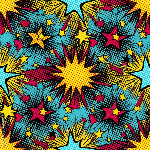 Explosion of stars and comic book style bursts.