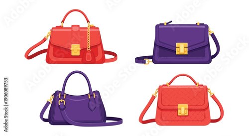 Four colorful handbags are displayed against a white backdrop showcasing various styles and shades silhouette high quality professional detailed modern elegant