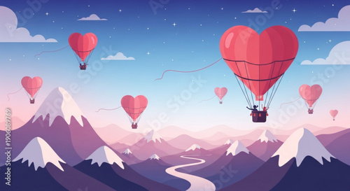Heart shaped hot air balloons fly over snowy mountains and winding river at sunrise