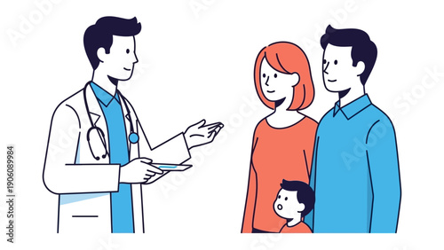 Medical Consultation: A dedicated doctor engages in a thorough discussion with a family, offering guidance and support in a professional setting.
