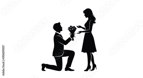 A romantic proposal scene unfolds as a man kneels offering flowers to a woman depicted as a silhouette high quality professional detailed