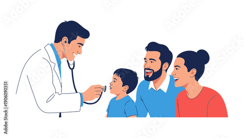 A Family's Health Checkup: A doctor uses a stethoscope to examine a young child during a routine checkup, while the parents watch with care and reassurance. 
