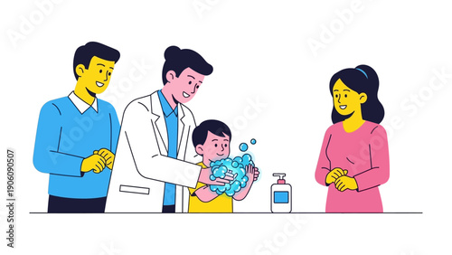 Hygiene Education: A healthcare expert guides a young child on the essential steps of handwashing, while parents watch with care and awareness.
