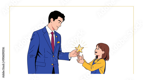 Father's gift: A heartwarming scene unfolds as a father presents a gleaming star to his daughter, symbolizing love, pride, and the promise of dreams. 