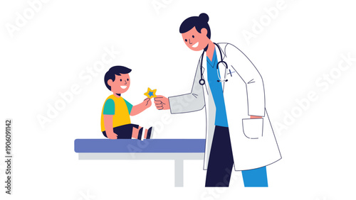 A Kindred Gesture: A compassionate doctor extends a delicate flower to a cheerful child during a medical consultation, offering reassurance and fostering a bond of trust and care.