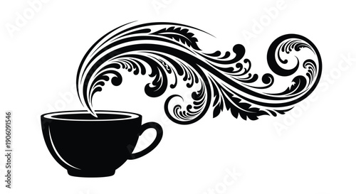 A steaming cup of coffee transforms into swirling floral patterns creating an elegant design silhouette high quality professional detailed modern stylish