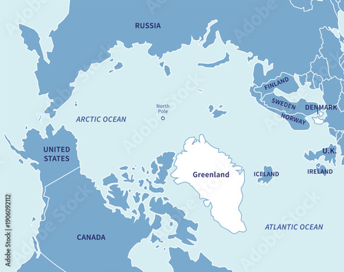 Countries around North Pole. Simple Political Map in Blue colours with White Greenland. United States, Canada, Russia, Iceland, Ireland, UK, Denmark and Scandinavian Countries. Vector illustration