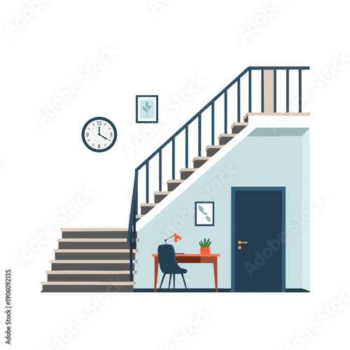 Staircase leading to a workspace and door