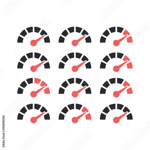 A collection of gauges with red needles on a white background indicating various levels of measurement