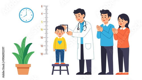 Child Height Measurement: A scene unfolds in a doctor's office where a young boy undergoes a height measurement, with supportive parents and a caring doctor overseeing the process.