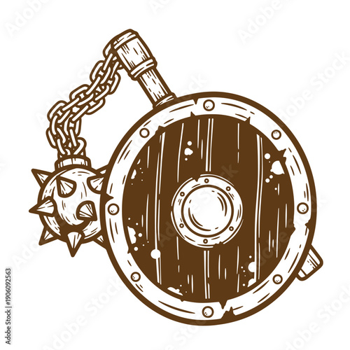 Vintage Grunge Vintage wooden shield with metal rim and spiked ball and chain weapon  medieval armor and warfare equipment