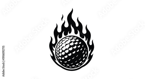 A striking image depicts a golf ball engulfed in flames presented as a bold dark silhouette high quality professional detailed modern elegant