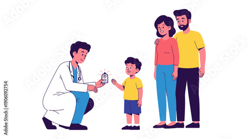 Family Health Check: A caring doctor interacts with a young child while parents stand in support, capturing a moment of wellness and assurance.