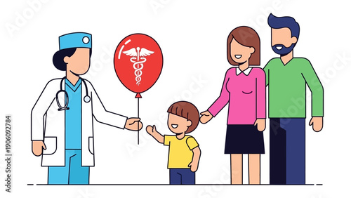 Healthcare Advocate: a doctor providing medical attention to a family, symbolizing the importance of well-being and promoting an advocacy