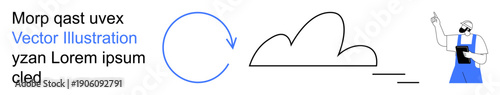 Cloud computing, data storage, teamwork, workflow, innovation, creativity. Cloud with circular arrow and worker pointing. Cloud computing and data storage concept