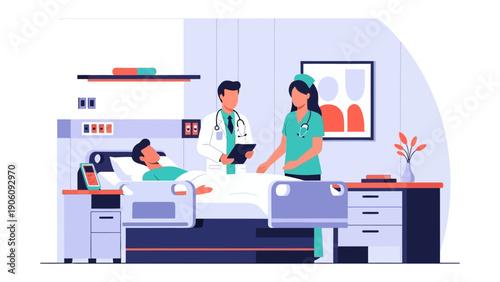 Medical Professionals at Bedside: A caring doctor and a nurse attend to a patient in a hospital room, symbolizing healthcare and recovery. The scene captures the essence of medical care.