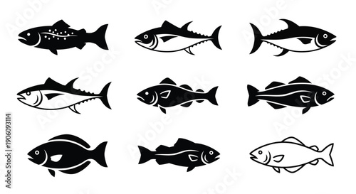 A collection of diverse fish illustrations rendered in a striking black silhouette high quality professional detailed modern elegant stylish clean crisp vibrant