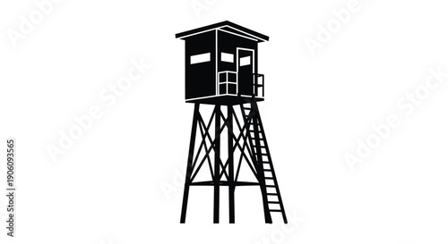 A stark black watchtower stands isolated against a white background embodying observation and security silhouette high quality professional detailed modern elegant