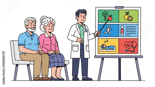 Healthy Lifestyle Consultation: A doctor explains key components of a healthy lifestyle to a senior couple, offering advice on diet, exercise, and rest