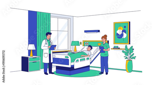 Patient Care in the Hospital: A dedicated medical team tending to a patient, fostering a sense of reassurance, comfort and unwavering care.