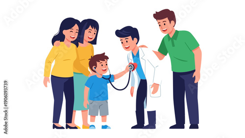Health check with family: A child undergoing a checkup by a medical professional, with the supportive presence of his family, fostering a sense of comfort and reassurance.
