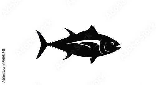A sleek black tuna fish is prominently displayed against a white background rendered as a silhouette high quality professional detailed modern elegant