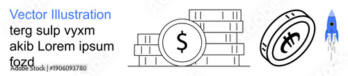 Financial growth, savings, investments, cryptocurrency, startup funding, economic progress. Stack of coins with a dollar sign, a coin and a rocket. Financial growth and investments concept