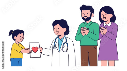 Medical Harmony: A child presents a heart-shaped drawing to a doctor, heralding unity and support from a loving family.