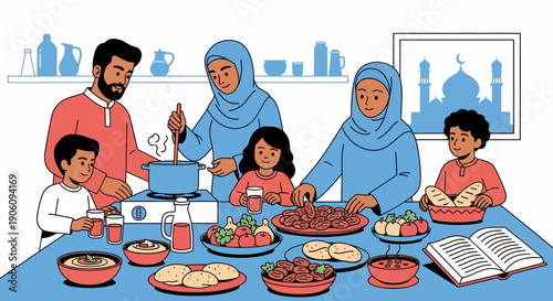 Muslim family preparing Iftar meal together during Ramadan.