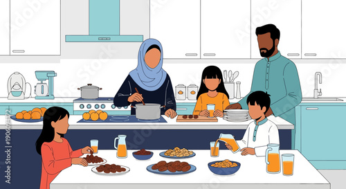Muslim family preparing and enjoying Iftar meal together during Ramadan.