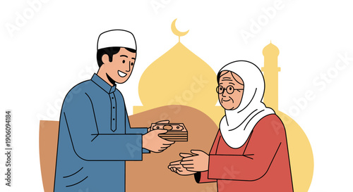 Muslim man giving money to an elderly woman as an act of charity.