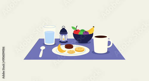 Ramadan Iftar meal with dates fruits water and coffee on a blue mat.