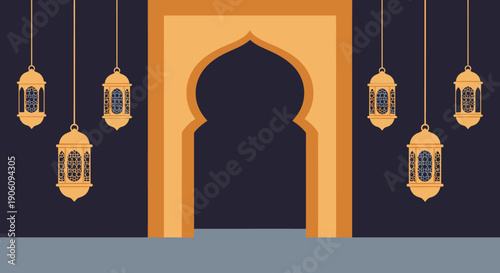 Golden Islamic Archway with Hanging Lanterns.