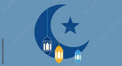 Crescent moon and star with hanging lanterns symbolizing Islamic traditions.