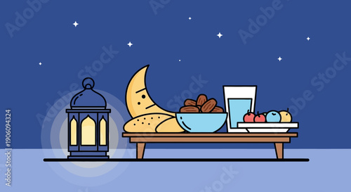 Ramadan Iftar meal with dates water and lantern under crescent moon.