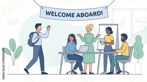 Diverse Business Team Welcoming New Employee to Office with 'Welcome Aboard' Banner