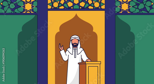 Muslim Imam delivering a sermon from a minbar.