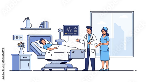 Medical Consultation Scene: A doctor and a nurse provide medical care to a patient in a hospital room, examining and comforting the patient.