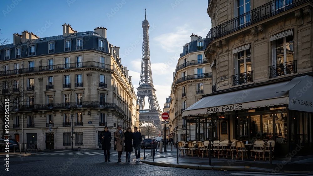 Fototapeta premium a couple walking down a street in front of the eiff tower
