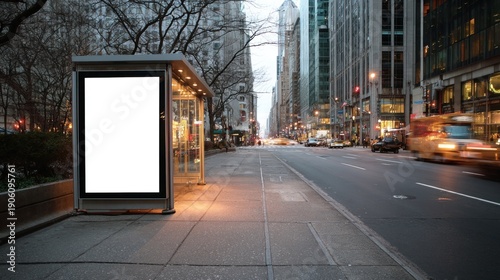 Blank advertising billboard at a busy city street corner with motion blurred traffic passing by