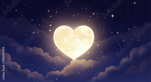 Glowing heart moon in night sky with stars and clouds symbolizing love and romance in a magical celestial scene