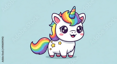 Cute cartoon unicorn with rainbow mane and tail standing on light blue background with stars