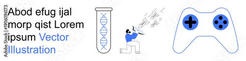 Science, technology, gaming, creativity, education, and innovation. DNA strand in a test tube, game controller and person jotting notes. Science and technology modern concept
