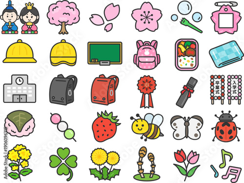 いろいろな、春シーズンアイコン（線画カラー）のイラストセット