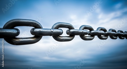 Close-up of a sturdy metal chain stretching toward a cloudy sky, symbolizing strength