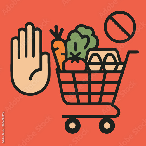 Clean flat illustration of hand stopping shopping cart with farm produce, symbolic no