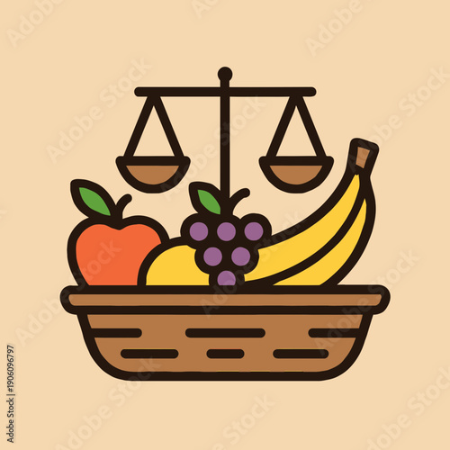 Minimal flat vector of basket full of fruits with justice symbol overlay