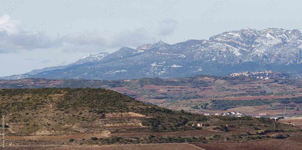Fototapeta premium Rural Valley and Snowy Mountains near Logrono, Spain