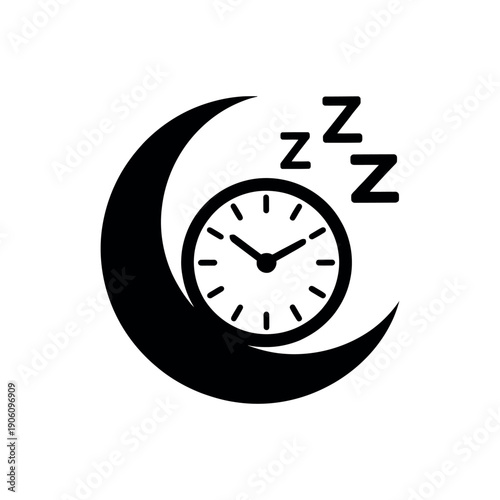 A black and white illustration of a crescent moon with a clock and z's symbolizing sleep and time.