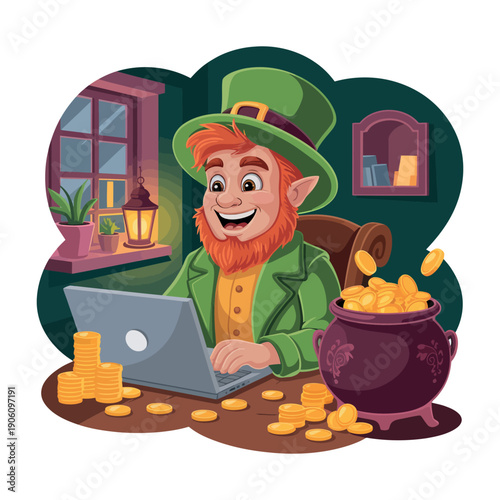 A cheerful leprechaun sitting at a desk with a laptop and a pot of gold coins in a cozy room